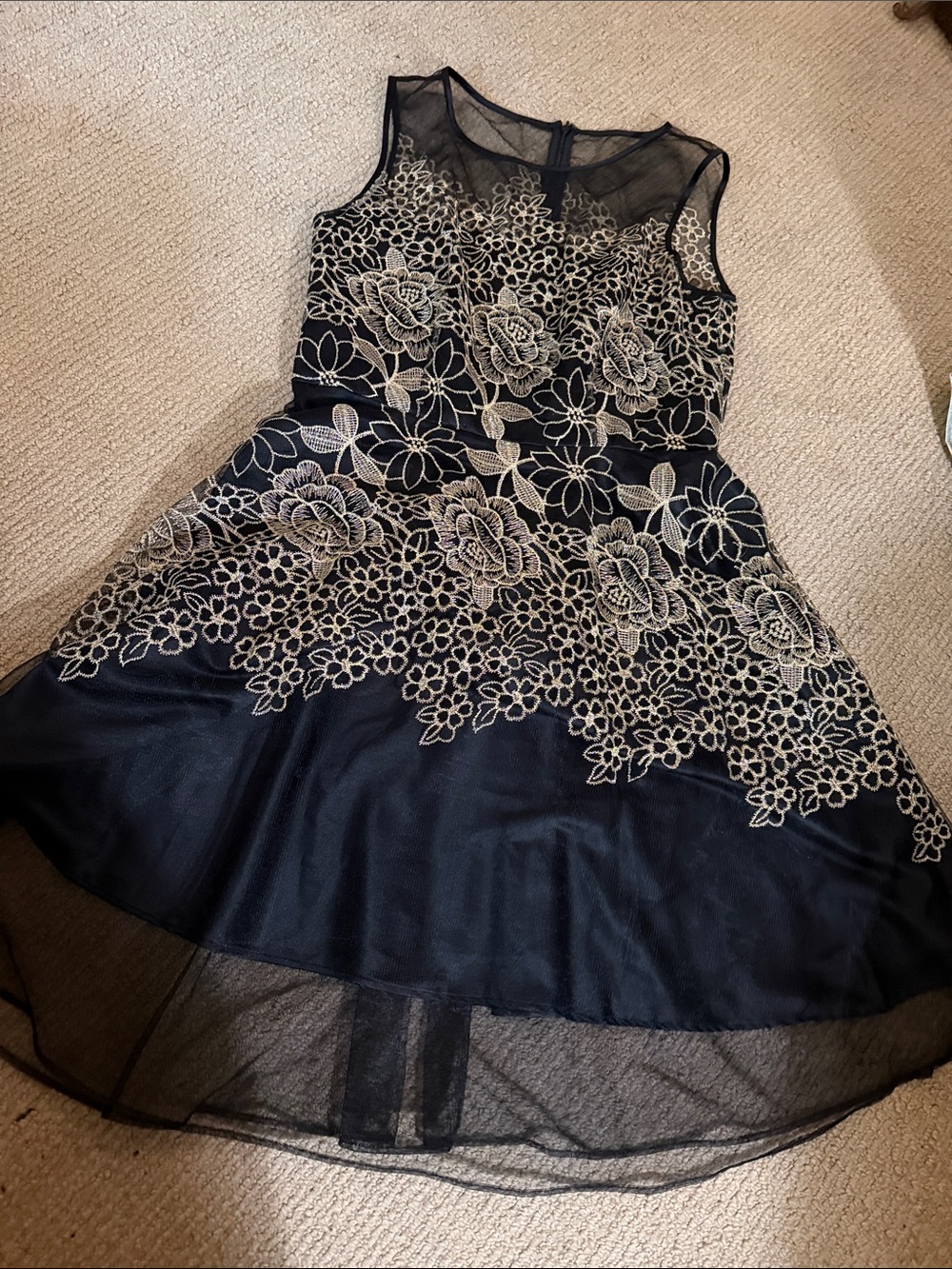 Tahari Black Dress with Gold Floral Lace Accents